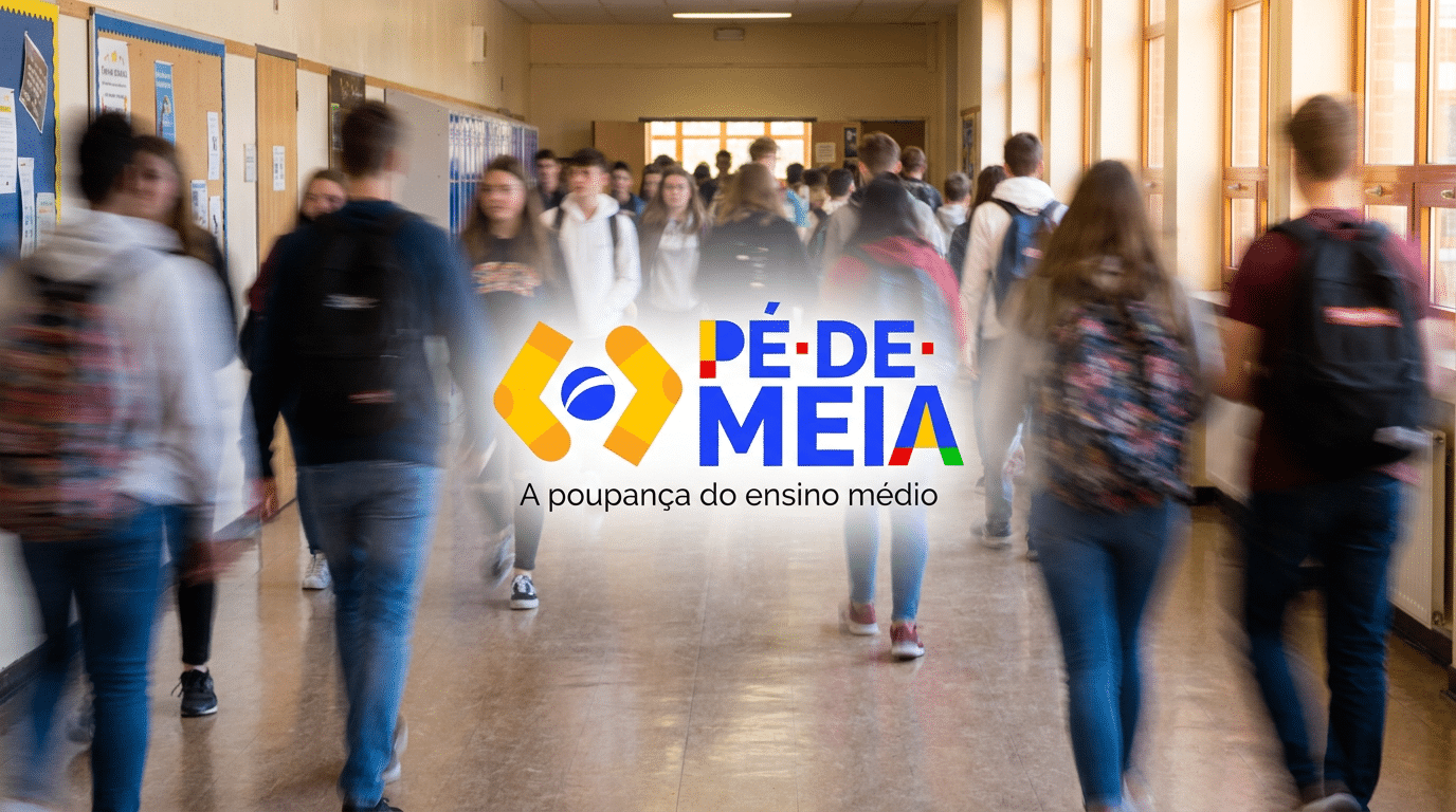 Estudantes em corredor escolar e programa Pé-de-Meia em destaque.