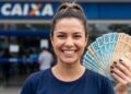 Mulher sorrindo segura notas de real em frente à agência da Caixa Econômica Federal