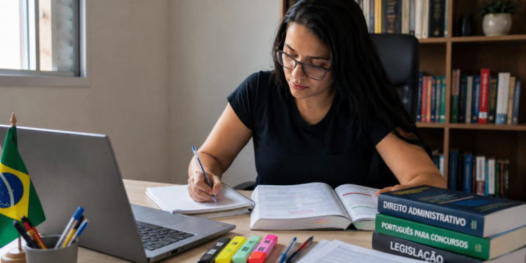 Mulher de óculos estuda com livros de Direito e bandeira do Brasil ao lado do notebook.