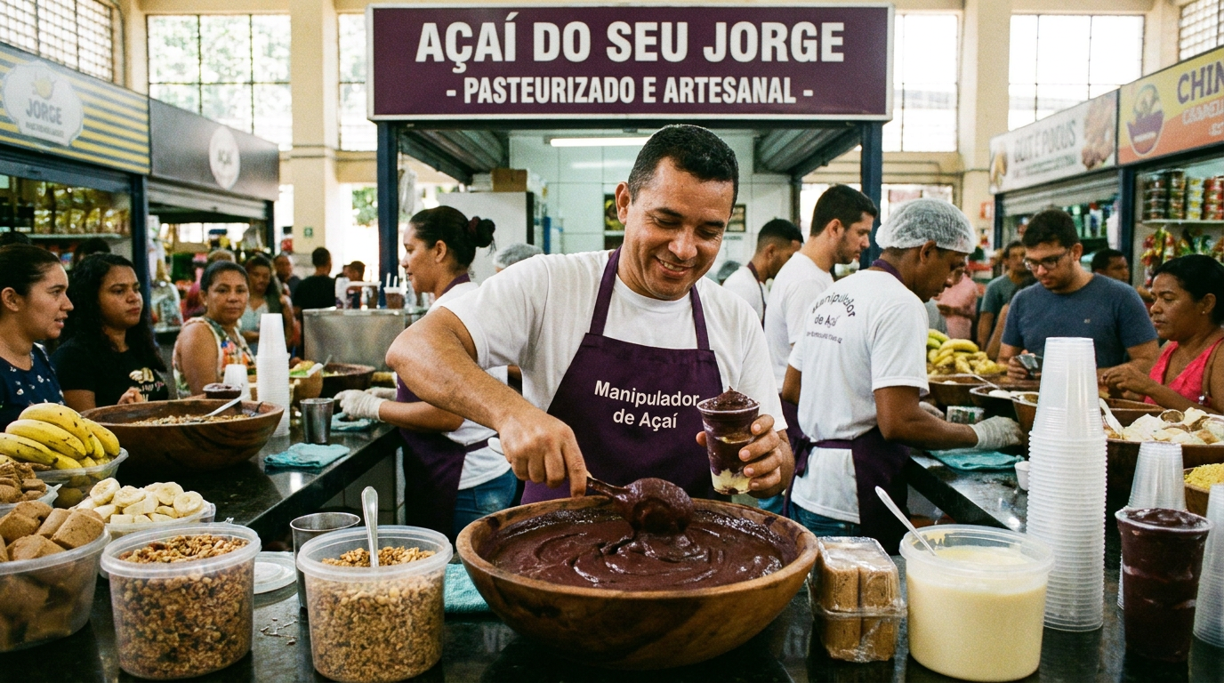 Homem serve açaí em copo grande, usando avental roxo, balcão cheio de frutas e acompanhamentos, clientes ao redor.