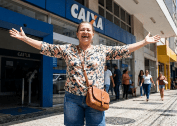 Mulher sorridente celebra em frente à agência Caixa Econômica Federal.