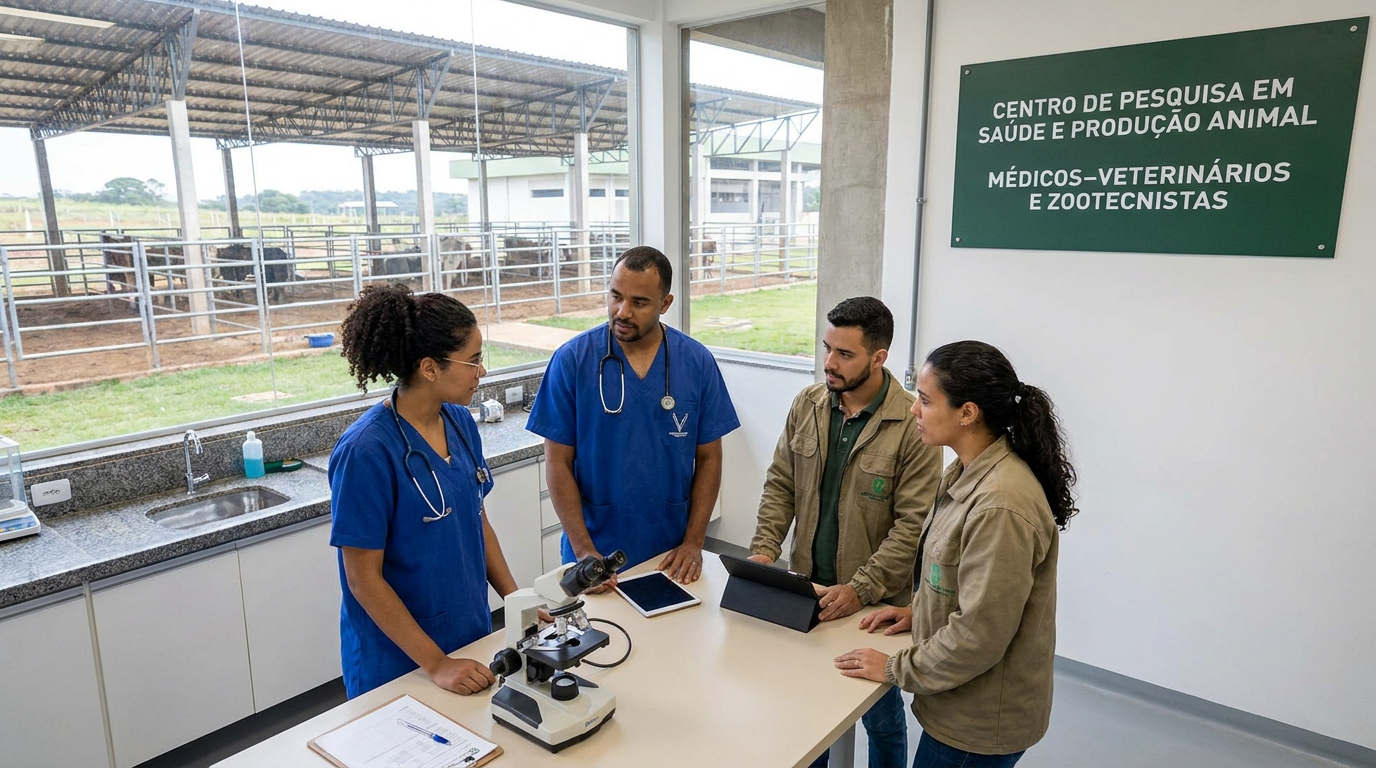 Quatro profissionais, dois em jaleco azul com estetoscópio, conversam em laboratório ao lado de curral.