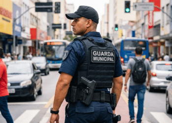 Guarda Municipal em patrulhamento no centro comercial urbano.