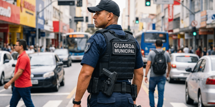 Guarda Municipal em patrulhamento no centro comercial urbano.