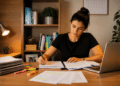 Mulher estudando em home office com livros e laptop em ambiente organizado.