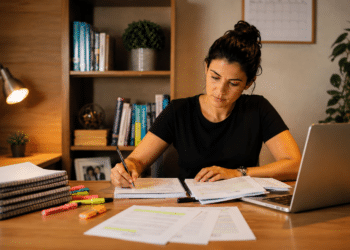 Mulher estudando em home office com livros e laptop em ambiente organizado.
