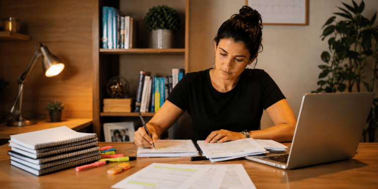 Mulher estudando em home office com livros e laptop em ambiente organizado.