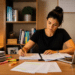 Mulher estudando em home office com livros e laptop em ambiente organizado.