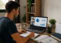 Jovem sentado em mesa estudando com notebook exibindo videoconferência e gráficos azuis.