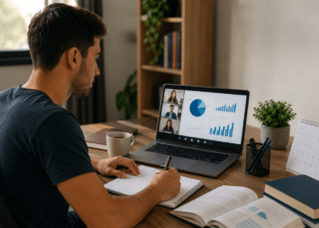 Jovem sentado em mesa estudando com notebook exibindo videoconferência e gráficos azuis.