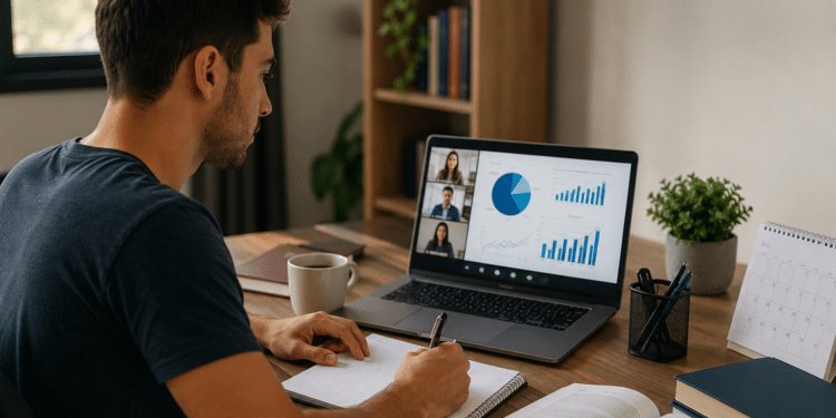Jovem sentado em mesa estudando com notebook exibindo videoconferência e gráficos azuis.