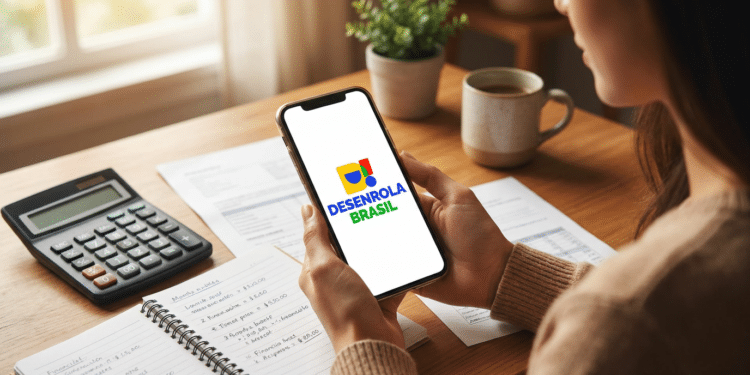 Mulher segura smartphone com logo do Desenrola Brasil, ao lado de calculadora e caderno com anotações financeiras.