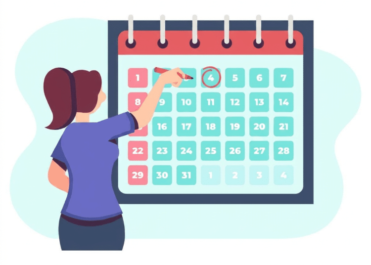 Desenho de mulher circulando data importante no calendário de parede.