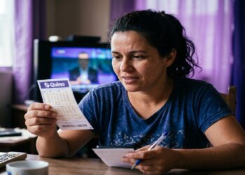 Mulher de camiseta azul segura volante da Quina com caneta na mão, em sala com TV ligada ao fundo.