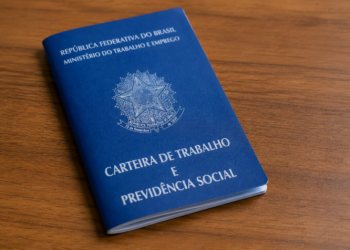 Carteira de Trabalho e Previdência Social azul fechada sobre superfície de madeira.