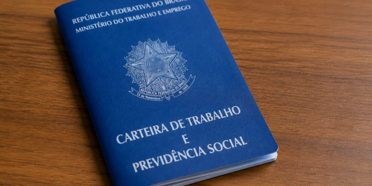 Carteira de Trabalho e Previdência Social azul fechada sobre superfície de madeira.