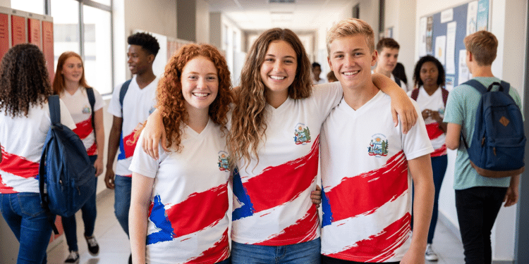 Estudantes sorrindo com uniforme escolar em corredor.