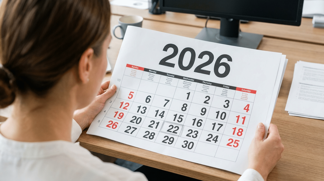 Mulher consulta calendário de 2026 em escritório organizado.