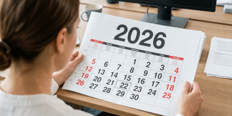 Mulher consulta calendário de 2026 em escritório organizado.