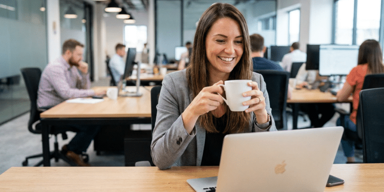 Mulher de blazer cinza segura caneca branca sorrindo diante de MacBook em escritório compartilhado moderno.