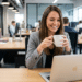 Mulher de blazer cinza segura caneca branca sorrindo diante de MacBook em escritório compartilhado moderno.