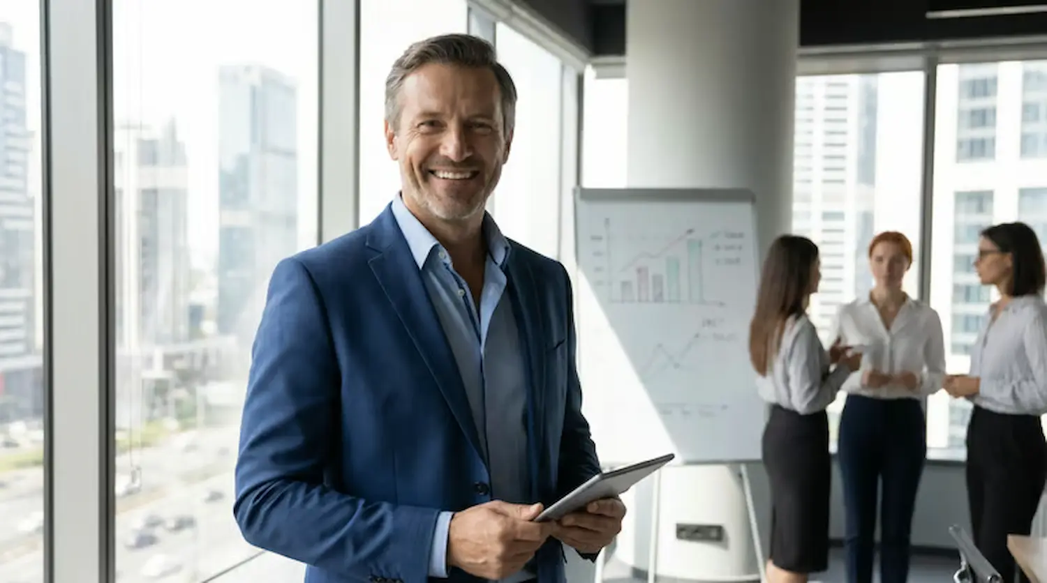 Foto de um profissional de Gestão Comercial sorrindo em escritório, com colegas ao fundo e gráfico de resultados ao lado.