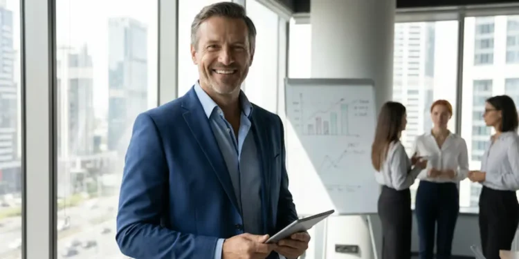 Foto de um profissional de Gestão Comercial sorrindo em escritório, com colegas ao fundo e gráfico de resultados ao lado.