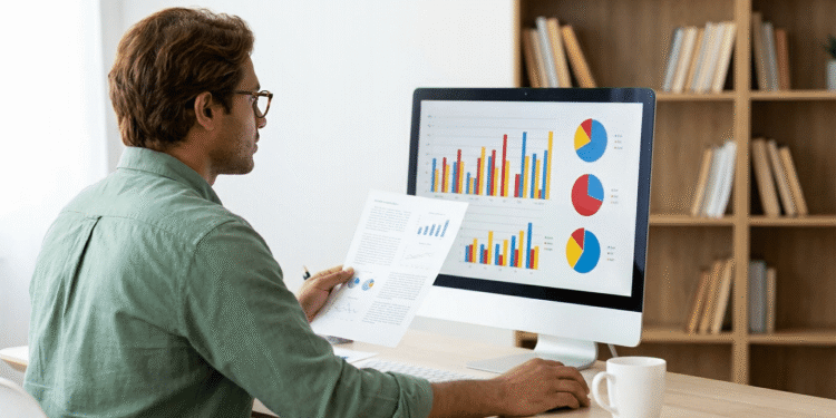 Profissional analisa gráficos e relatórios em escritório moderno.