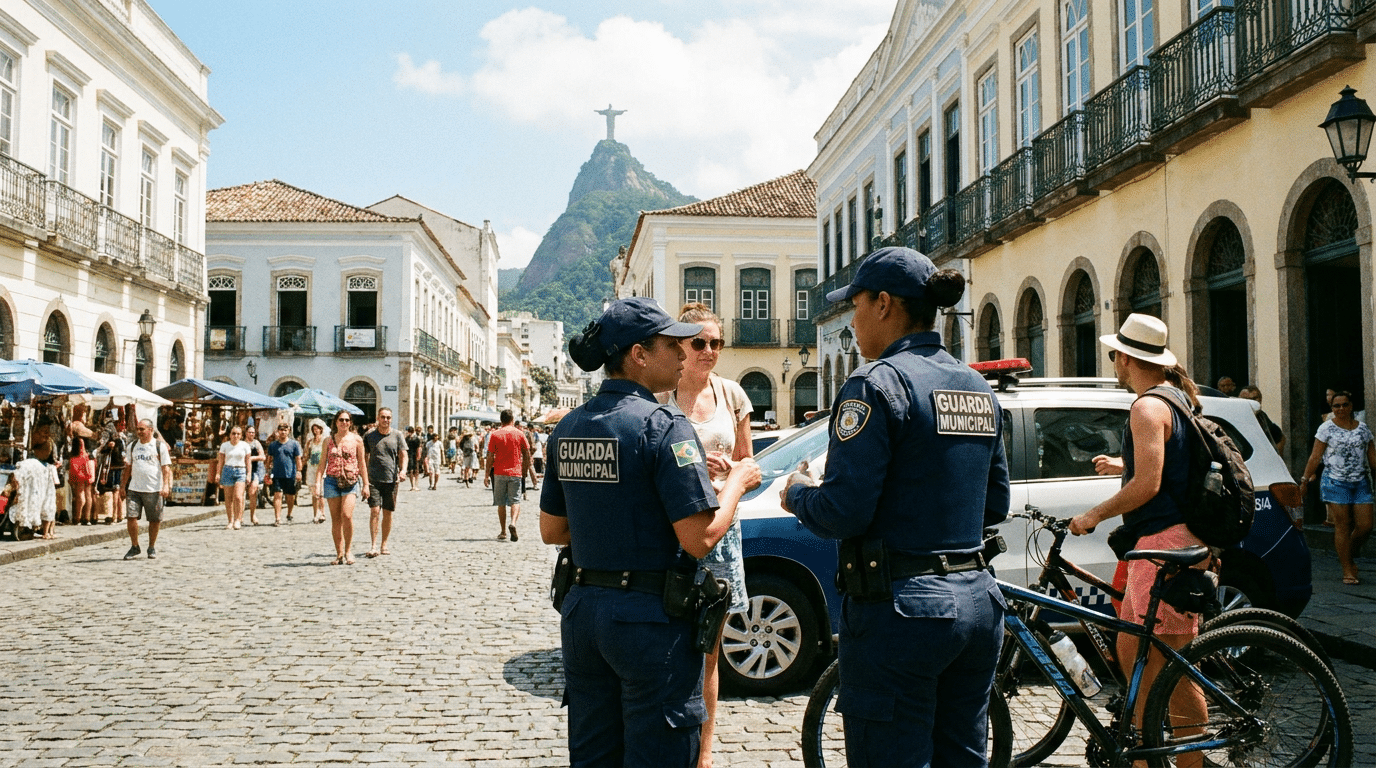 Guardas municipais conversam com turista em rua movimentada do Rio, Cristo Redentor ao fundo.