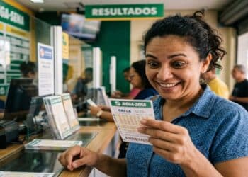Mulher sorridente segura volante da Mega-Sena em casa lotérica com placa "Resultados" ao fundo