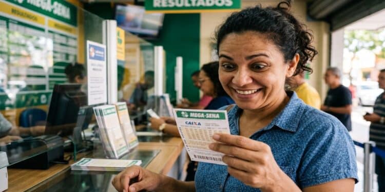 Mulher sorridente segura volante da Mega-Sena em casa lotérica com placa "Resultados" ao fundo