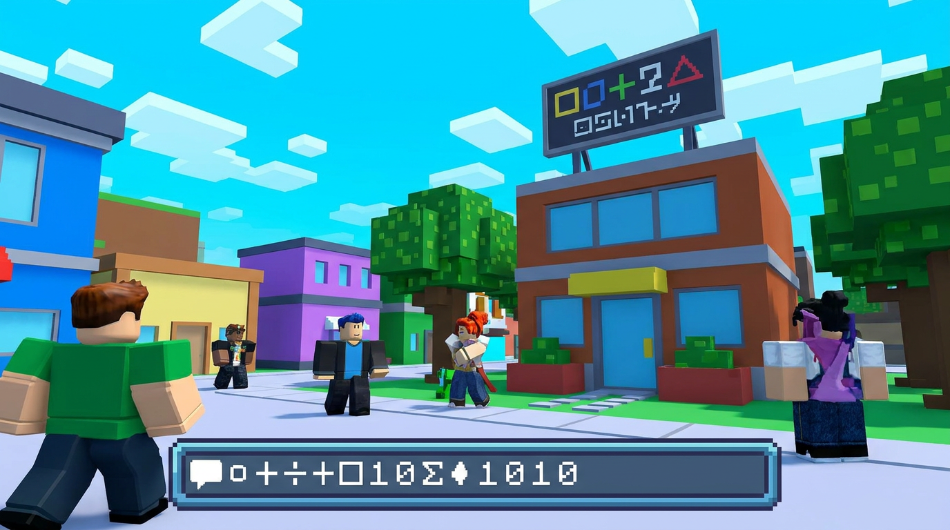 Seis avatares Roblox interagem em rua colorida, painel com símbolos matemáticos ao fundo.