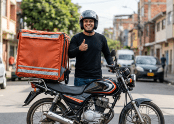 Entregador de aplicativo faz sinal positivo com mochila térmica na moto.