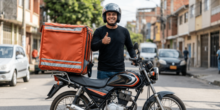 Entregador de aplicativo faz sinal positivo com mochila térmica na moto.