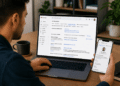 Homem usando notebook com configurações do Gmail abertas e segurando celular exibindo perfil do Google.