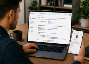 Homem usando notebook com configurações do Gmail abertas e segurando celular exibindo perfil do Google.
