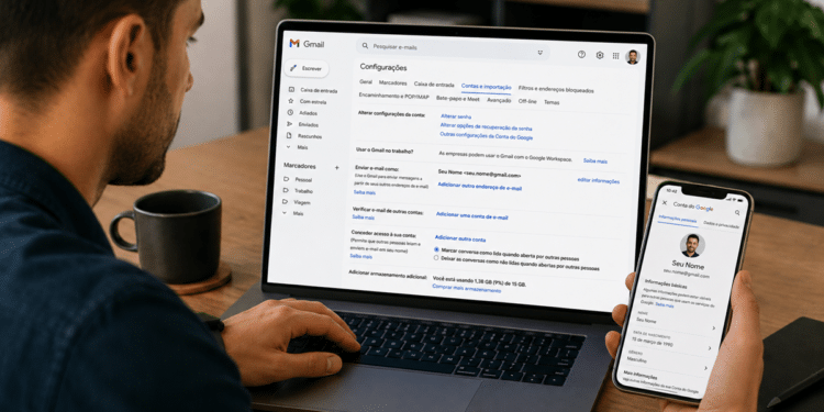 Homem usando notebook com configurações do Gmail abertas e segurando celular exibindo perfil do Google.