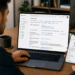 Homem usando notebook com configurações do Gmail abertas e segurando celular exibindo perfil do Google.
