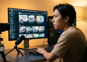 Homem jovem asiático grava vídeo diante de monitor exibindo YouTube, microfone e câmera em mesa escura.