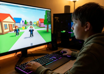 Adolescente usando computador com tela mostrando Roblox, teclado colorido e ambiente iluminado.