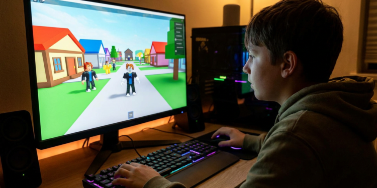 Adolescente usando computador com tela mostrando Roblox, teclado colorido e ambiente iluminado.
