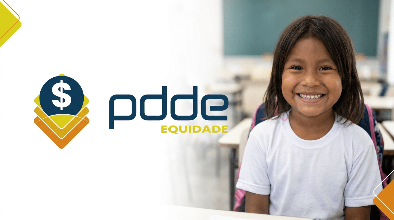 Criança indígena sorrindo em sala de aula com logo do PDDE Equidade do MEC ao lado.