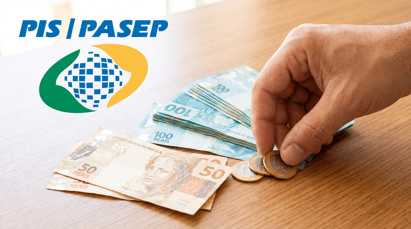 Mão pegando moedas ao lado de notas de reais e logotipo PIS/PASEP sobre mesa de madeira.
