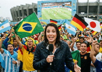 Repórter à frente de torcedores com bandeiras do Brasil, Alemanha, Argentina e Japão sob chuva, estádio ao fundo.