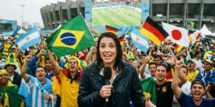 Repórter à frente de torcedores com bandeiras do Brasil, Alemanha, Argentina e Japão sob chuva, estádio ao fundo.