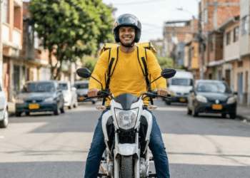 Entregador de aplicativo em moto no centro urbano sorrindo para a câmera.