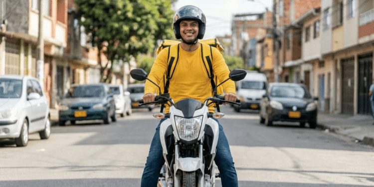 Entregador de aplicativo em moto no centro urbano sorrindo para a câmera.