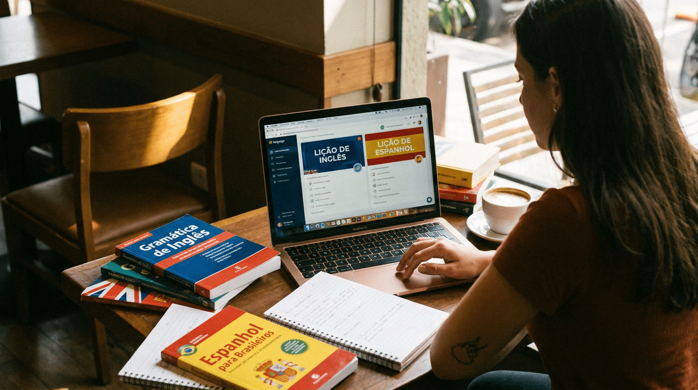 Jovem mulher estuda inglês e espanhol em notebook com livros e café em mesa de madeira.