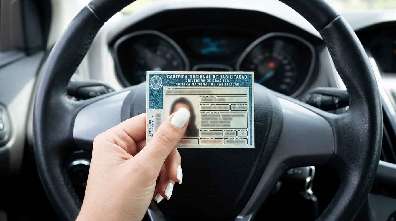 Pessoa exibe CNH dentro de carro moderno em destaque.