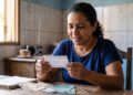 Mulher de camiseta azul segura bilhete da Loteria Federal com notas de reais sobre mesa de madeira